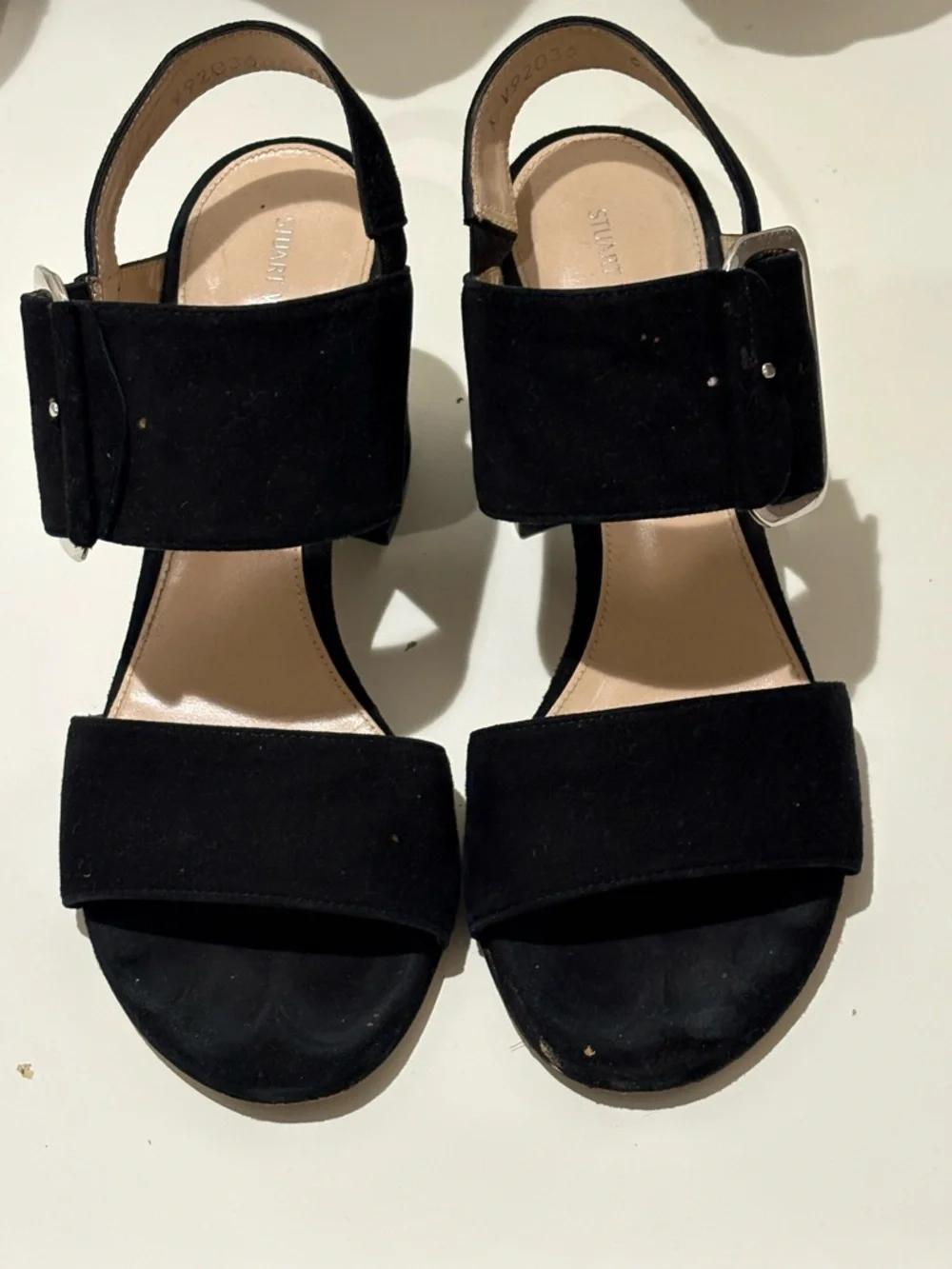 Stuart Weitzman Black Suede Wide-Strap Block Heel Sandals
